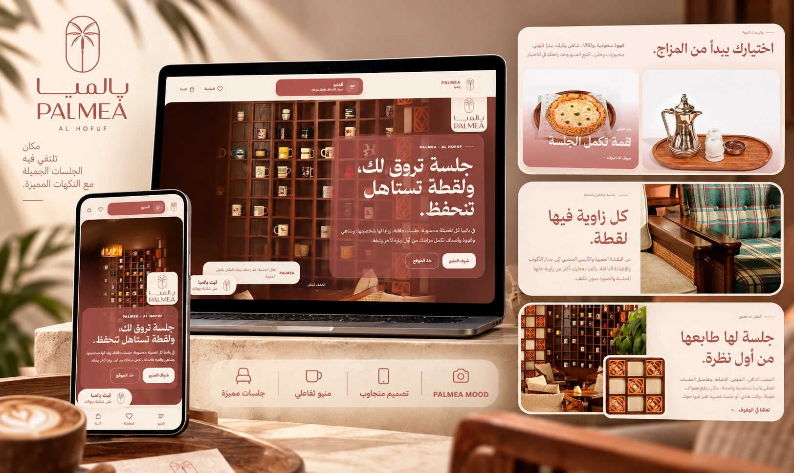 عرض واجهات موقع پالميا على الكمبيوتر والموبايل مع صور المنيو والجلسات